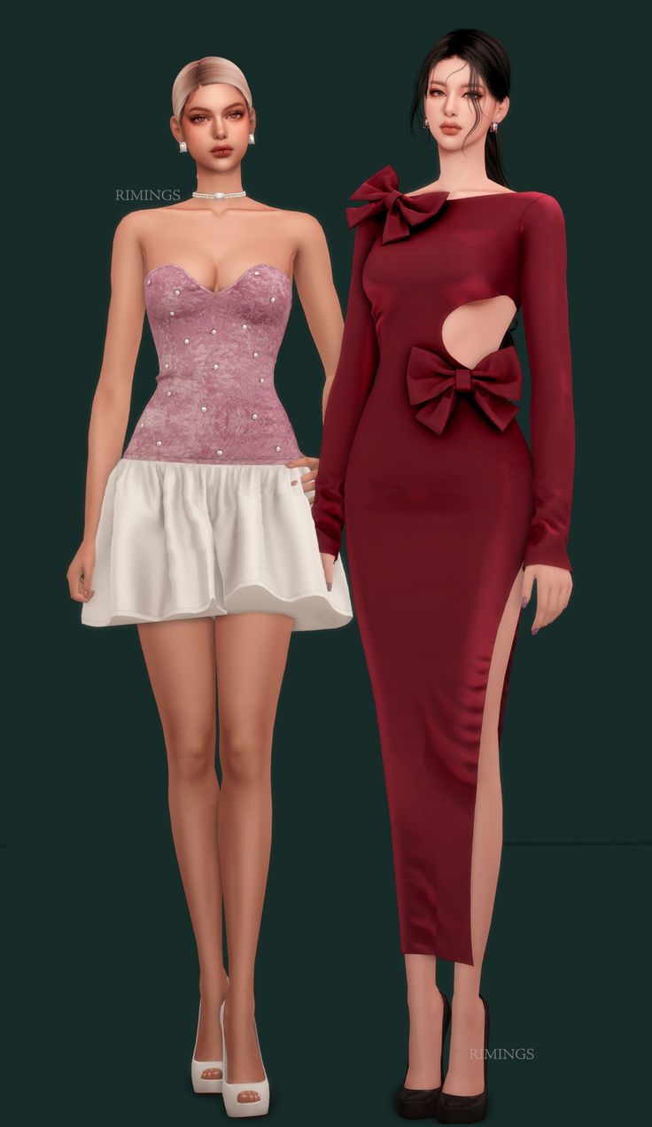 two women in dresses standing next to each other, one wearing a red dress and the other white