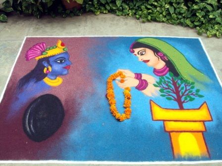 an artistic painting on the ground in front of some bushes and trees is being used as a decoration