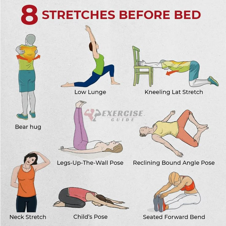 the 8 stretches before bed poster shows how to do yoga and stretching exercises for back pain