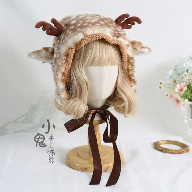 Elfis - Fluffy Deer Hat | YesStyle Cute Christmas Accessories, Fawn Print Clothes, Dear Costume Halloween, Deer Aesthetic Outfit, Deer Print Clothes, Fawn Clothes, Deer Inspired Outfit, Deer Aesthetic Soft, Deer Hat Crochet