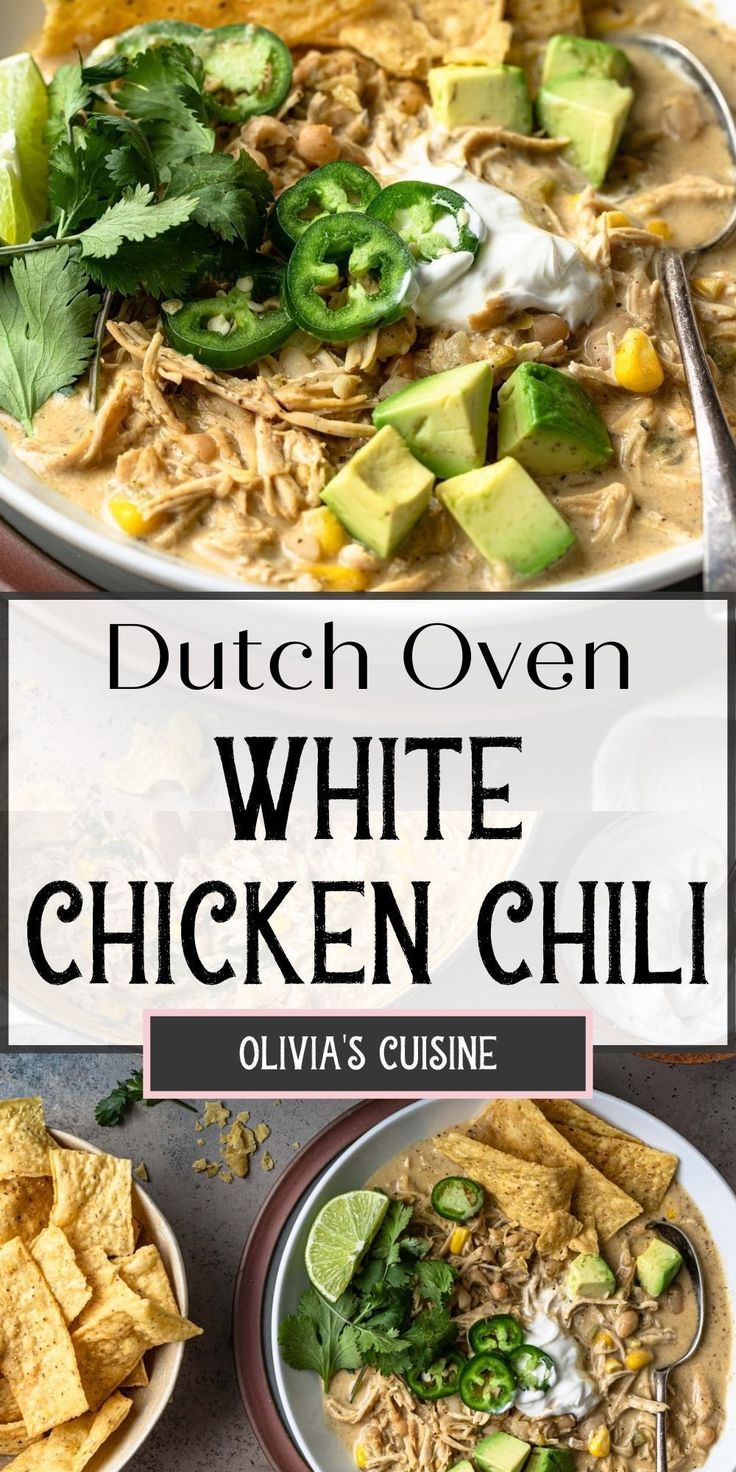 white chicken chili with tortilla chips and avocado