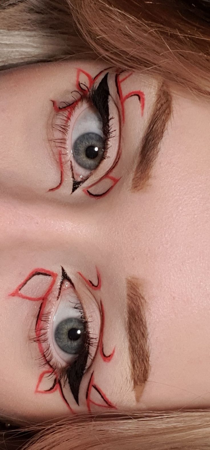 Red Graphic Makeup, Fish Eyeliner, Creative Eye Makeup Design, Weird Makeup Ideas, Red Graphic Eyeliner, Extravagant Makeup, Gem Makeup, Nye Makeup, Cute Eye Makeup