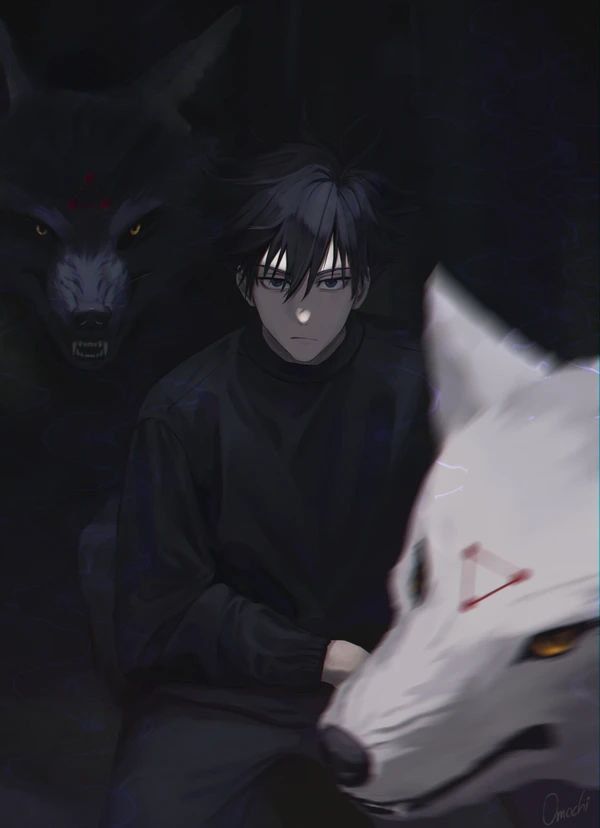 a man sitting next to a white wolf on top of a bed in the dark