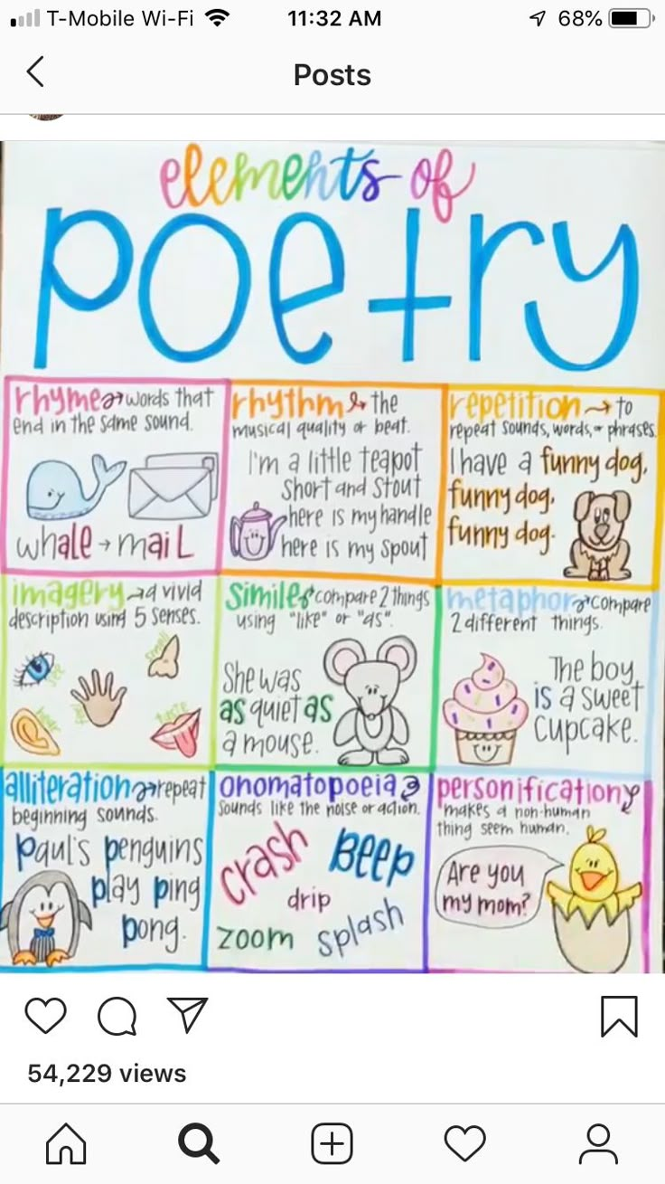 the elements of poetry poster is shown with handwritten words and pictures on it,