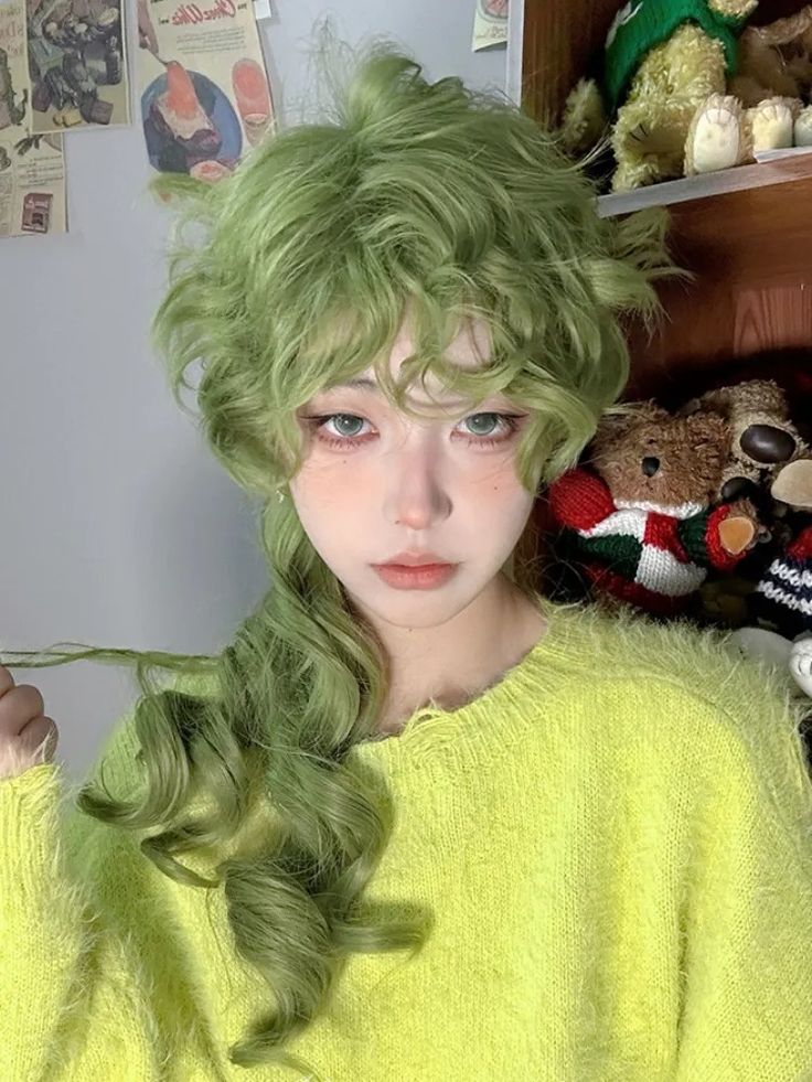 Green Wavy Ouji Style Wig Mushroom Wigs, Fern Wig, Nightcrawler Cosplay, Purple Wavy Hair, Genderfluid Haircut, Ouji Style, Hairstyle References, Cool Hair Designs, Style Wig