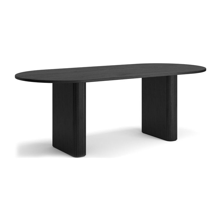 an oval table with black legs on a white background