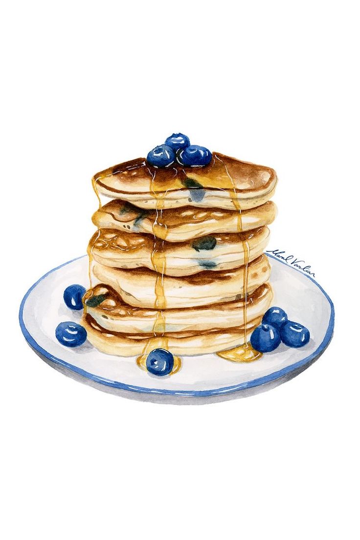 a painting of pancakes with blueberries on a plate