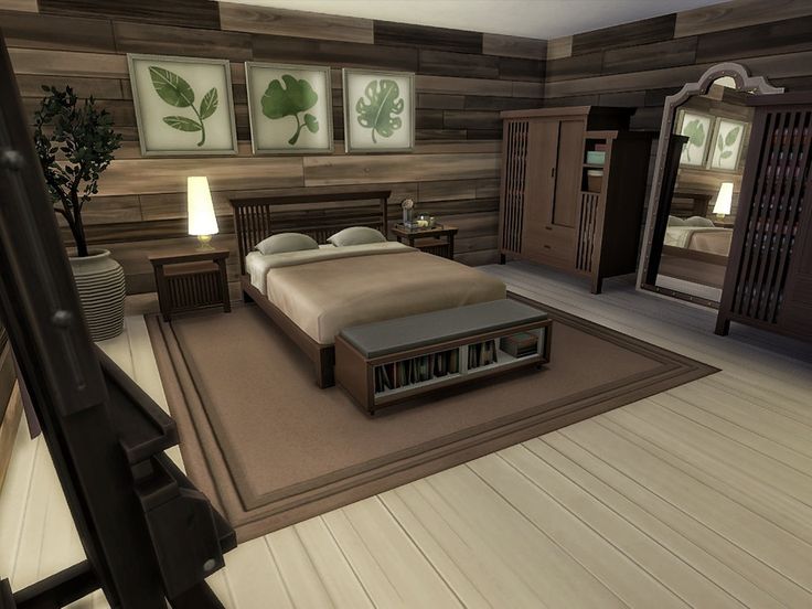 a bedroom with wood paneling and wooden furniture in the room, including a bed