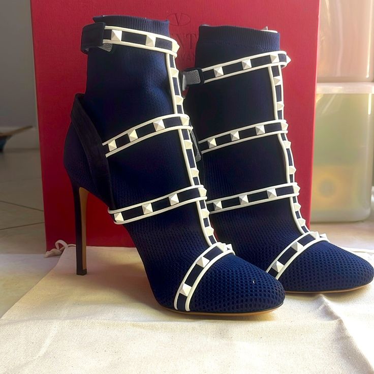 Valentino Boots New Never Worn Blue With White Studs Elegant Blue Ankle Boot Heels, Chic High Heel Boots With Studded Outsoles, Designer Evening Boots For Spring, Designer Boots With Reinforced Heel For Spring, Elegant High Heel Boots With Studded Outsoles, Valentino Boots, White Studs, Valentino Shoes, Lace Up Boots