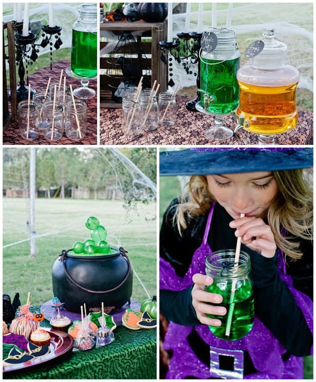 a collage of photos with drinks and food on the table at a halloween party