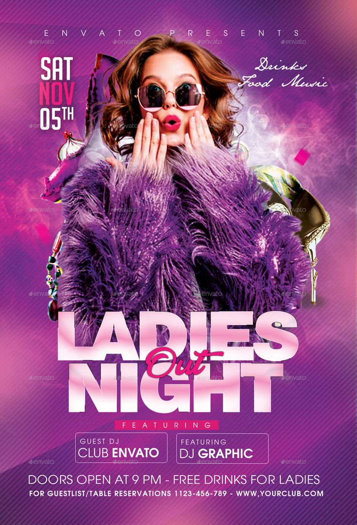 ladies night flyer template with a woman in purple fur coat and sunglasses on her face