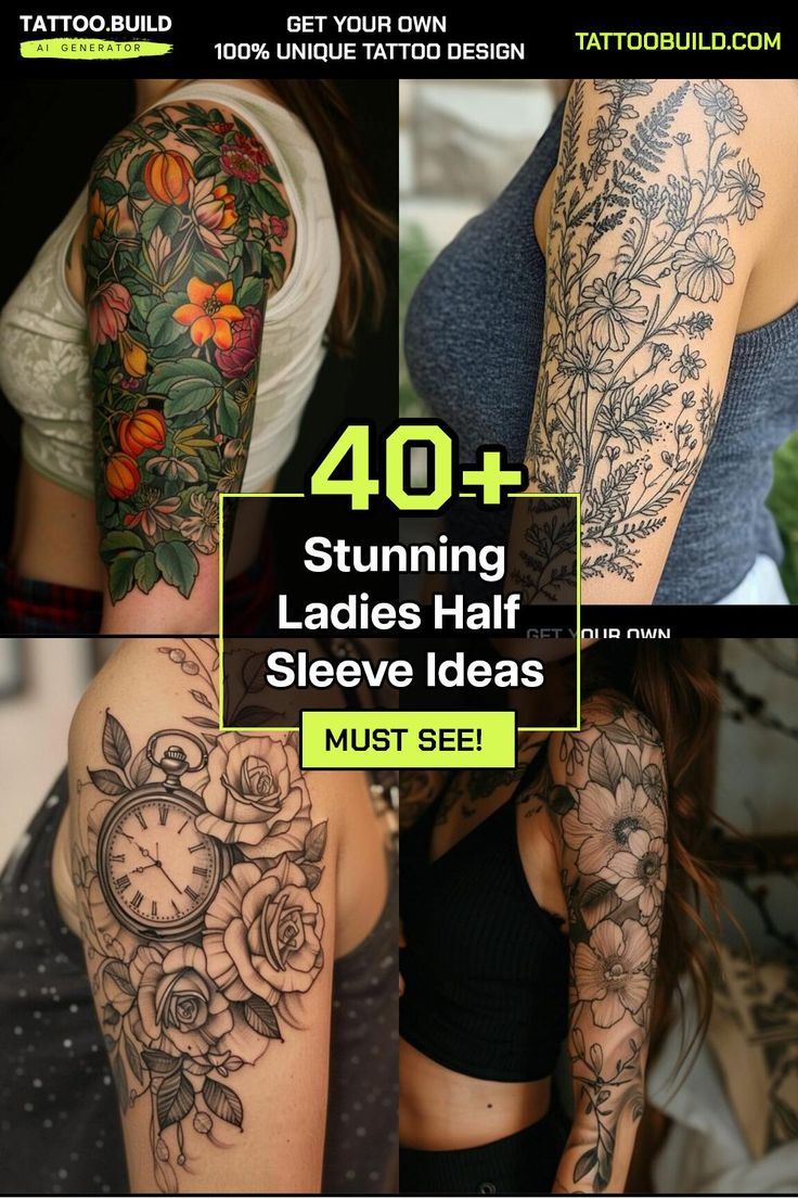 Stylish Womens Half Sleeve Tattoo Inspiration Gallery for Chic Ink Designs Woman Half Sleeve Tattoo Ideas, Botanical Half Sleeve Tattoo, Womens Half Sleeve Tattoo, Female Sleeve Tattoo Ideas, Half Sleeve Tattoo Upper Arm, Upper Half Sleeve Tattoos, Half Sleeve Tattoo Ideas, Womens Half Sleeve, Arm Cover Up Tattoos