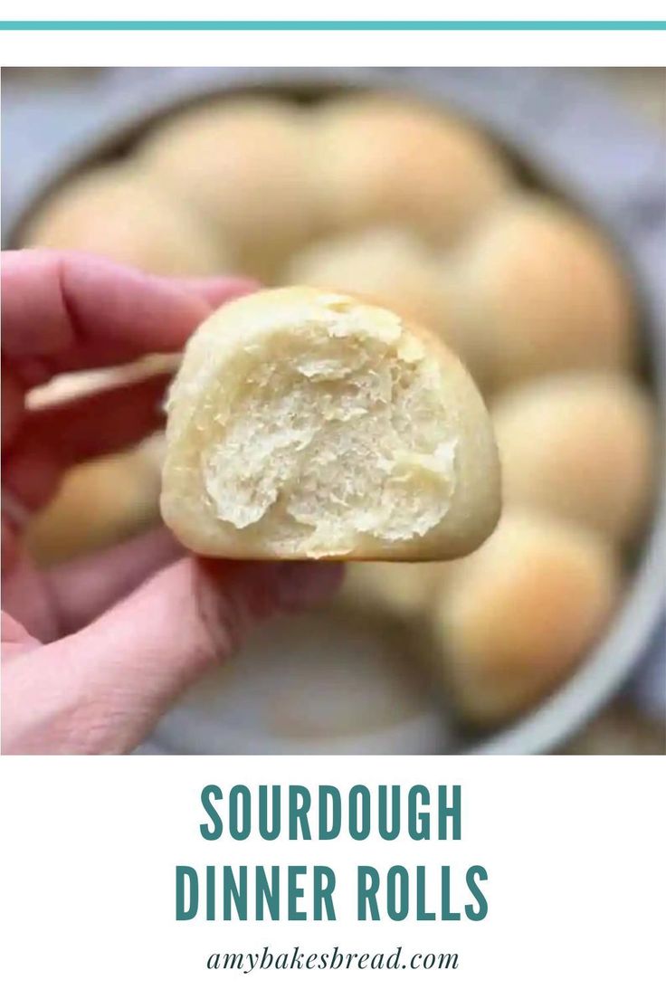 a hand holding a piece of bread with the words sourdough dinner rolls