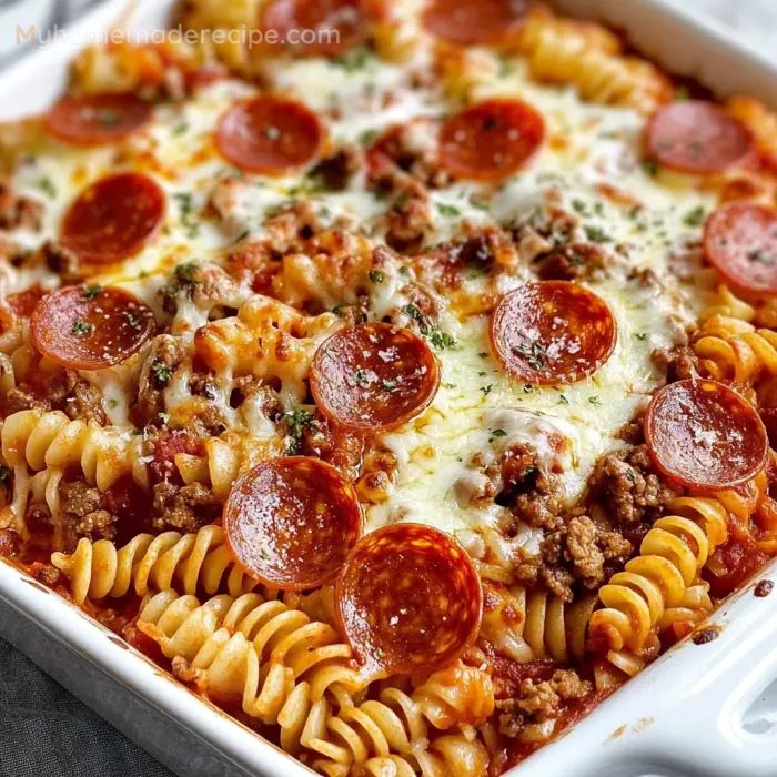 pepperoni pizza casserole in a white baking dish