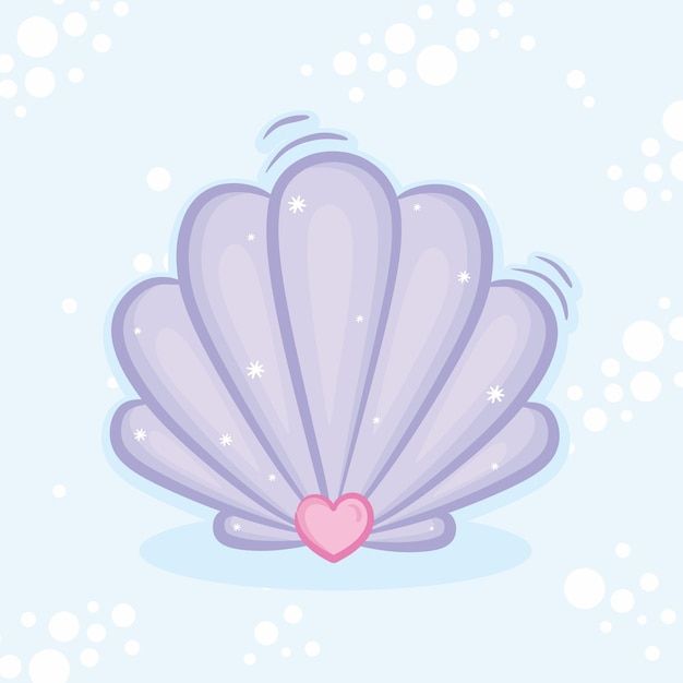 a purple shell with a pink heart on it's side and snow flakes in the background