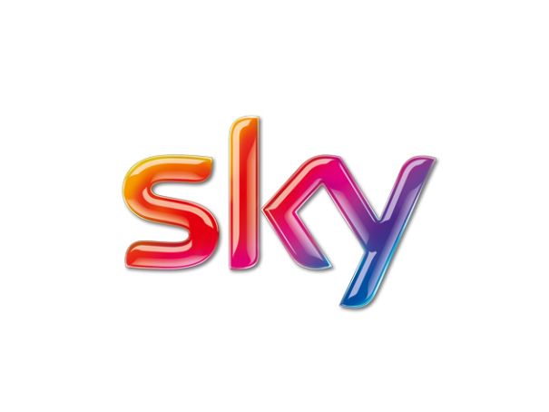 the word sky written in multicolored letters on a white background with an orange, blue, and pink color scheme