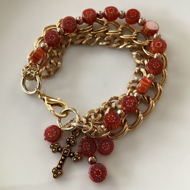 Handmade By Shelly, One Of A Kind Fashion Jewelry. Brand New. Bracelet Is Approximately 6.75” In Size. Gold Tone Finish With Decorative Glass Beads And Antique Gold Cross. #B7 Bohemian Orange Beaded Bracelets For Party, Orange Beaded Bracelets, Brighton Charm Bracelet, Three Strand Bracelet, Italian Bracelet, Kate Spade Bangle, New Bracelet, Gold Link Bracelet, Yellow Gold Bangle