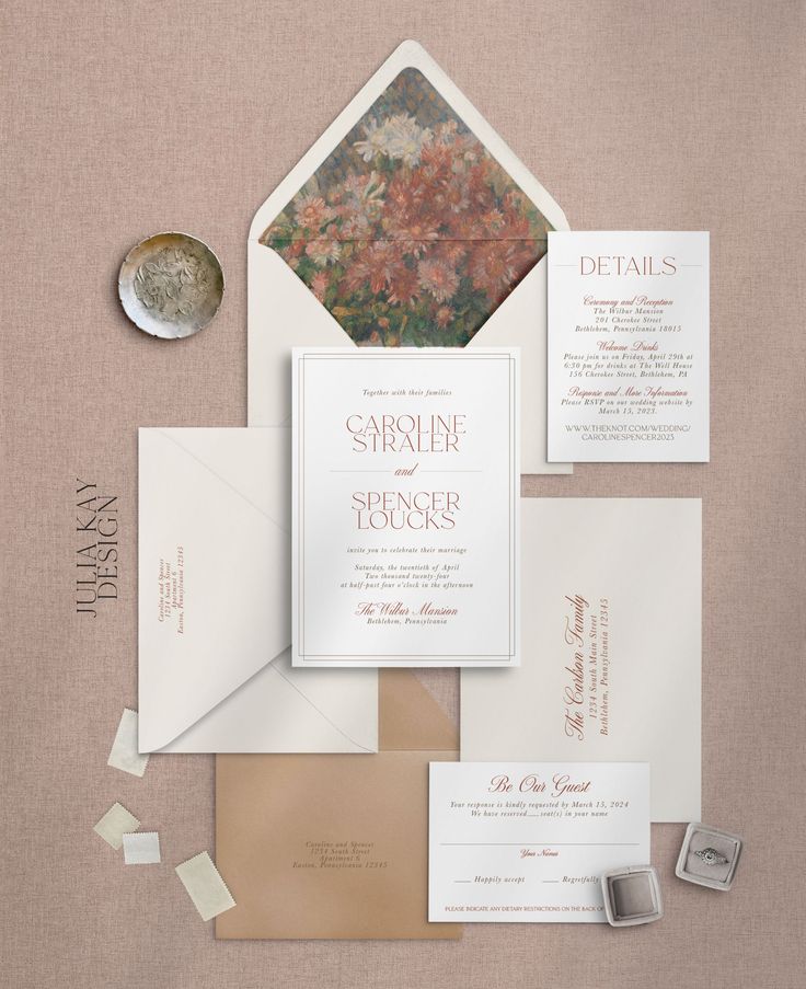 the wedding stationery is laid out and ready to be used