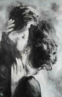 a black and white painting of two people hugging each other with their arms around one another