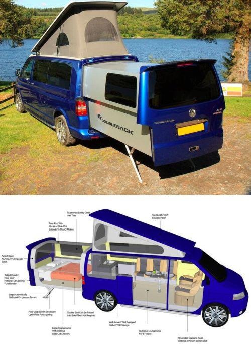 an image of the inside and outside of a van with its roof open, parked next to a body of water