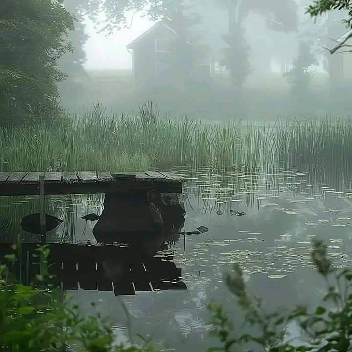 a wooden dock sitting in the middle of a lake surrounded by tall grass and reeds