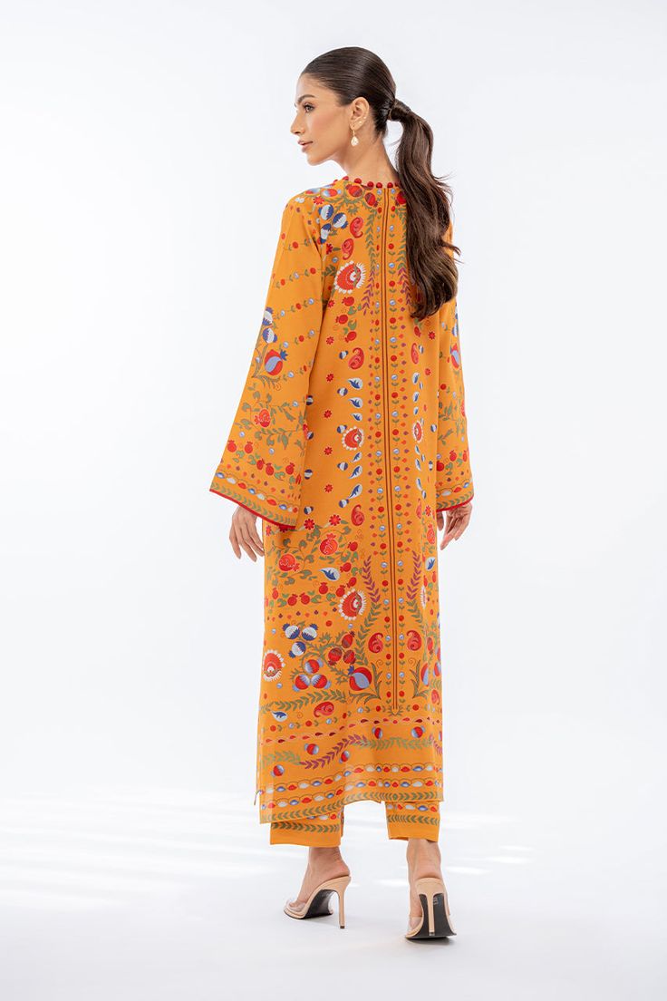 Daneen (A) Spring Orange Straight Kurta, Traditional Digital Print Kaftan For Spring, Yellow Printed Kurta For Spring, Traditional Orange Floral Print Kurta, Summer Orange Kurta With Printed Motifs, Yellow Printed Long-sleeve Kurta, Yellow Printed Long Sleeve Kurta, Bohemian Summer Kurta With Digital Print, Summer Bohemian Kurta With Digital Print