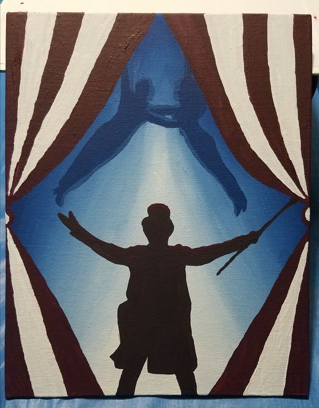 a painting of a man standing in front of a circus tent with his arms outstretched