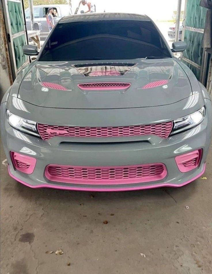 the front end of a gray car with pink stripes on it's bumpers