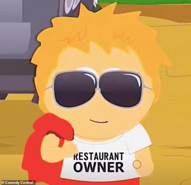 a cartoon character wearing sunglasses and holding a red umbrella in front of a sign that says restaurant owner