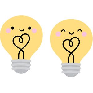 two light bulbs with faces drawn on them, one has a heart in the middle