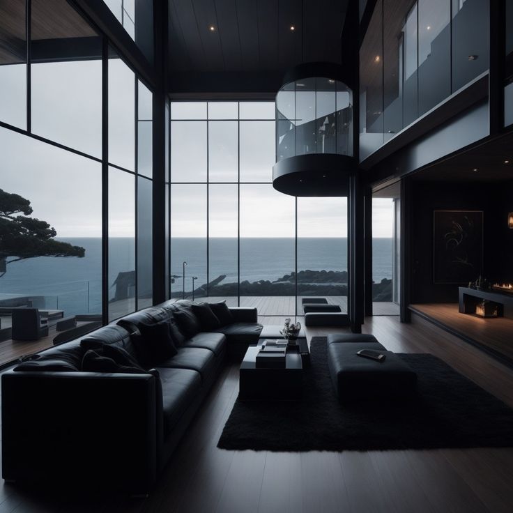 Dark luxury house on the ocean Dark Beach House, Black Beach House, Dark Luxury House, Black Interior House, Dark Modern House Interiors, House On The Ocean, Dark House Interior, Mob Aesthetic, Dark House Aesthetic