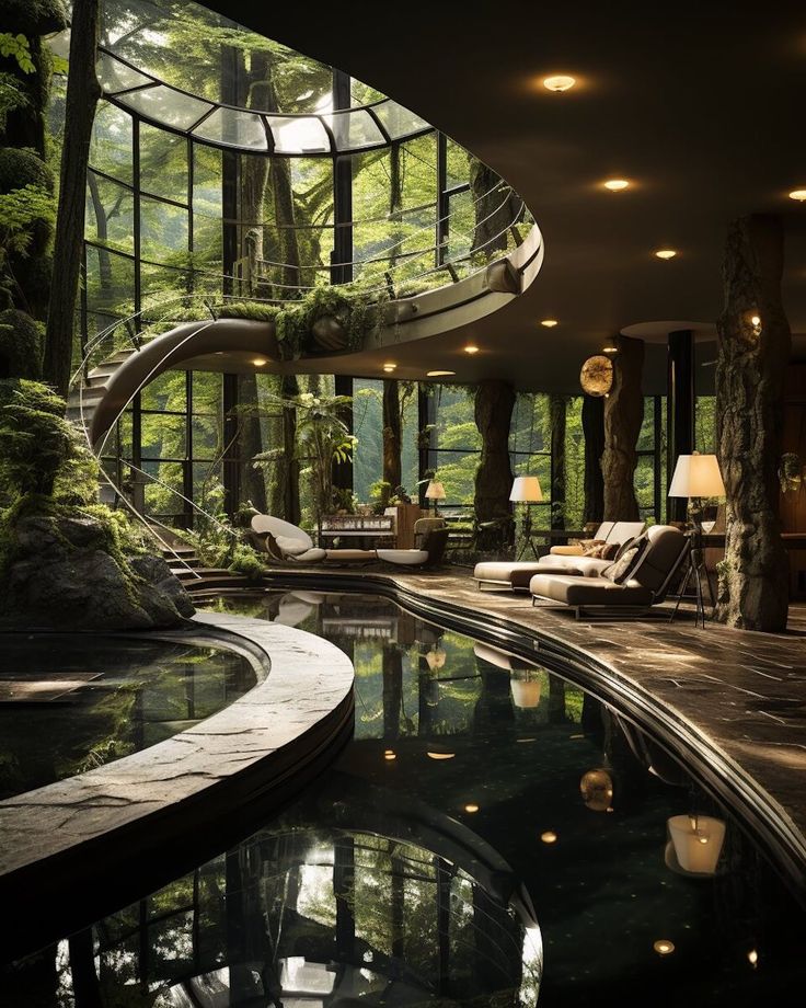 an indoor swimming pool in the middle of a room with lots of windows and trees