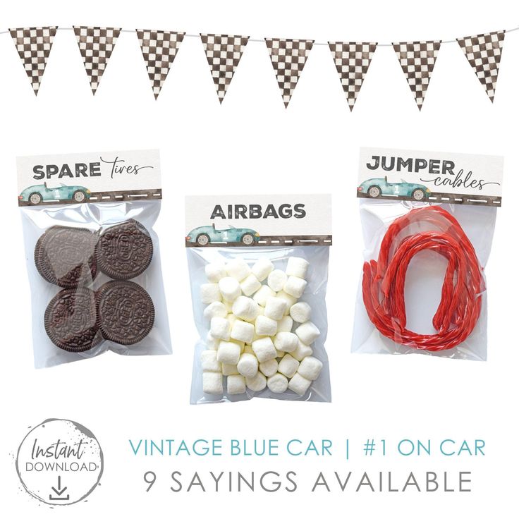 vintage blue car and on card sayings available for airbags, jumper cables, and cookies