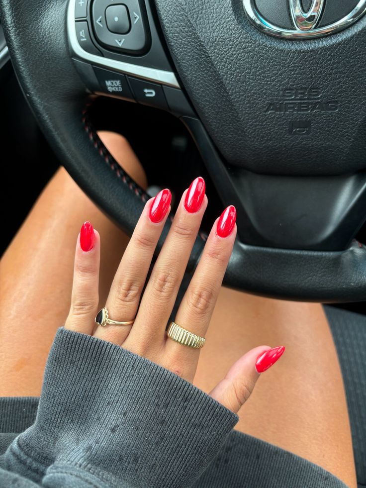 Simple Yet Cute Nails, Ref Chrome Nails, Red Chrome Summer Nails, Red Nails Crome, Dnd 430 Ferrari Red Nails, Preppy Red Nails, Red Tip Chrome Nails, Red Crome Nails Acrylic French Tip, Christmas Solid Color Nails