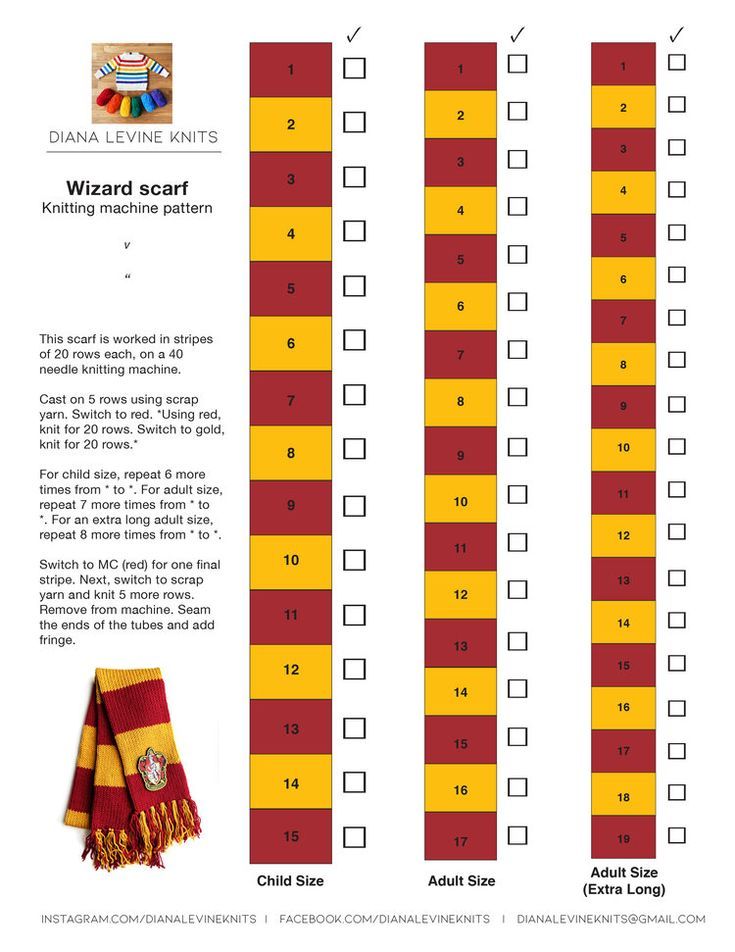 the wizard scarf pattern is shown in red and yellow