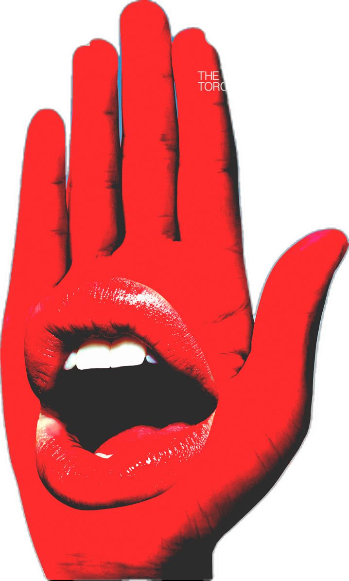 a person's hand with red lipstick on it and the words, don't touch