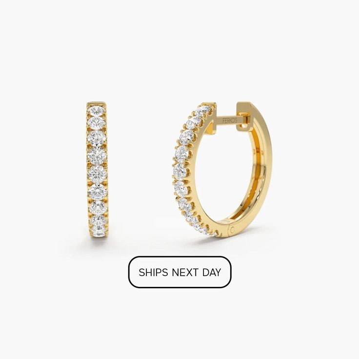 "14k Solid Gold Diamond Huggies Earrings / 16MM Solid Gold Diamond Hoops / Medium Size Diamond Hoop Earrings by Ferkos Fine Jewelry * Made to Order * Gold Kt: 14K (also available in 18K) * Available Gold Colors: Rose Gold, Yellow Gold, White Gold * Inner Diameter 12.5 MM * Outer Diameter: 16 MM * Round Diamond: 20 Pcs 1.85 MM * Diamond Color & Clarity: G Color SI Clarity * Diamond Ctw: 0.60 ctw * Ready to Ship in 1-3 Business Days If you have any additional questions about this ring, just hit the \"Message Ferko\" button and we will get back to you within a few hours. ▶ See more of our Diamond Earrings - http://etsy.me/2lyqVBP ▶ See our storefront here - http://etsy.me/2lUcVnH  ▶ All store sections here * Diamond Rings - http://etsy.me/2lwKUl8 * Diamond Earrings - http://etsy.me/2lyqVBP * Yellow Gold Small Hoop Halo Earrings, Yellow Gold Halo Small Hoop Earrings, Classic Gold Hoop Diamond Earrings, Classic Gold Diamond Hoop Earrings, Yellow Gold Huggie Diamond Earrings With Halo, Yellow Gold Diamond Huggie Earrings With Halo, Gift Hoop Earrings With Halo Design And Round Cut, Small Hoop Earrings In Yellow Gold With Vvs Clarity, Halo Design Hoop Earrings Gift