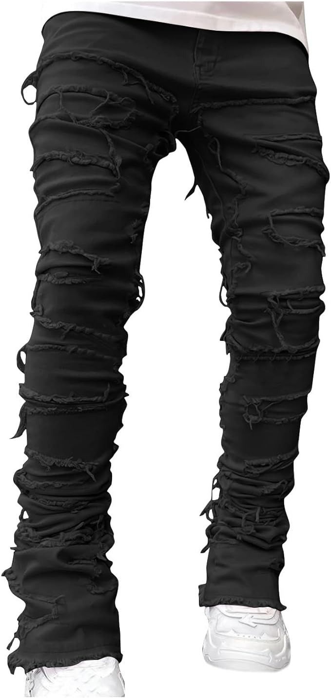 Wolfast Mens Stacked Jeans Hip Hop Ripped Raw Hem Straight Skinny Harajuku Distressed Denim Pants Slim Fit Trouser Streetwear Small Black at Amazon Men’s Clothing store Mens Stacked Jeans, Stacked Jeans, Slim Fit Ripped Jeans, Ripped Men, Black Men Fashion Casual, Mens Trendy Outfits, Custom Clothing, Urban Street Style, Trendy Outfit