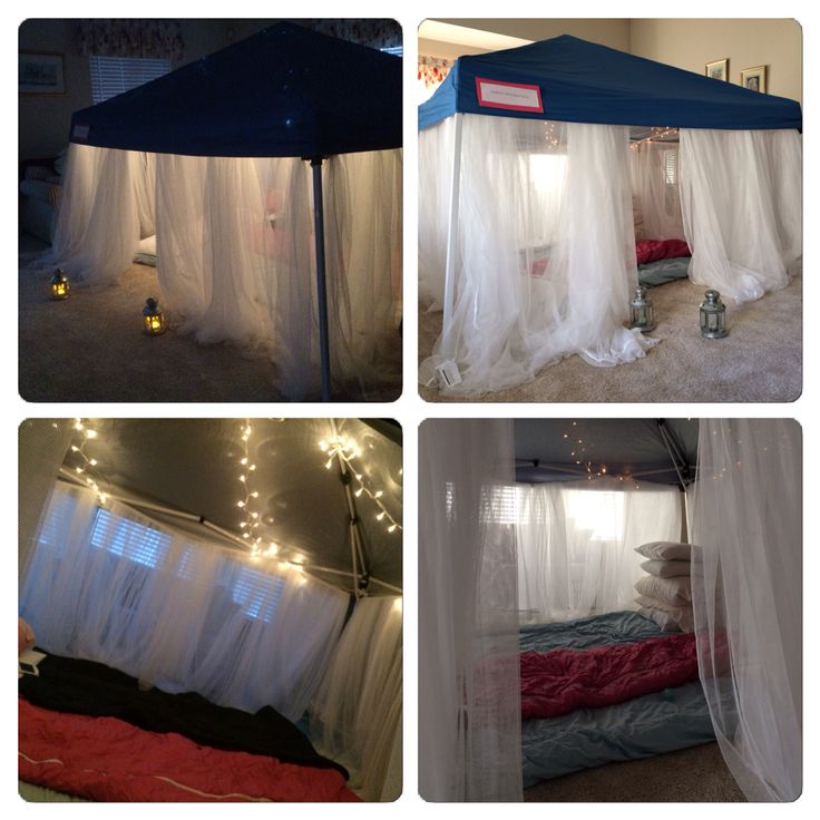 four different pictures show the inside of a tent with mosquito netting and lights on it