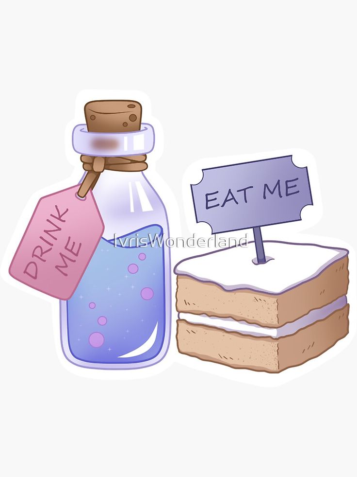 a piece of cake next to a bottle with a sign that says eat me