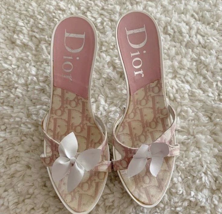 Cute vintage pink dior slip heels. Coquette aesthetic shoes. Dollette aesthetic shoes. Girly girl shoes. Soft feminine shoes. Y2K fashion trend. 2000s fashion trend. Pinkish Aesthetic, 2000s Shoes, Aesthetic Fairycore, Aesthetic Rose, Dior Girl, Skincare Selfcare, Pretty Heels, Aesthetic Skincare, Dr Shoes