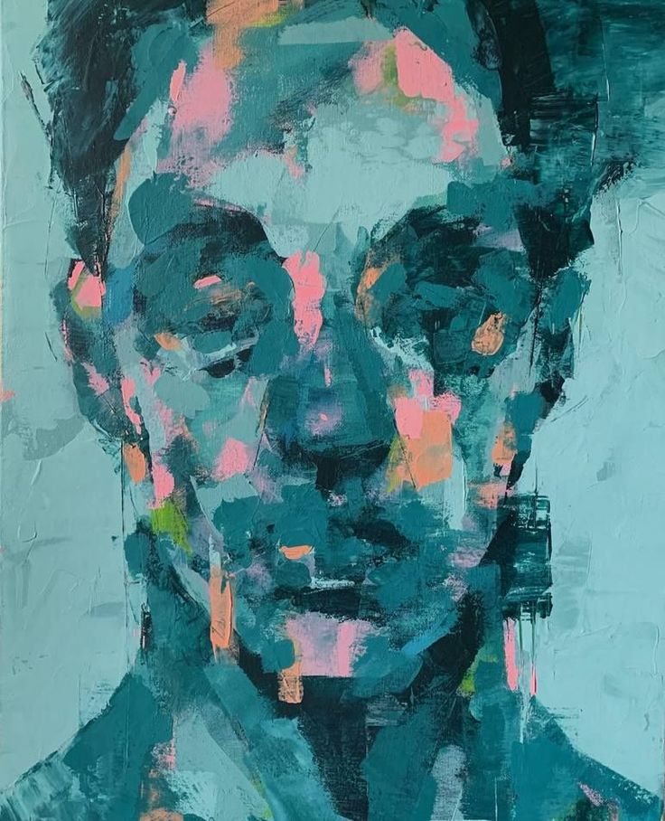 an abstract painting of a man's face in blue, pink and green tones