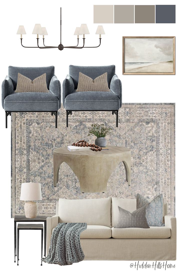 Living room decor mood board with blue accents! Coastal living room decor Mens Living Room Ideas Bachelor Pads, Moody Coastal Decor, Amazon Living Room, Neutral House, Cream Living Rooms, Hidden Hills, Beige Living Rooms, Bedrooms Decor, Coastal Living Room