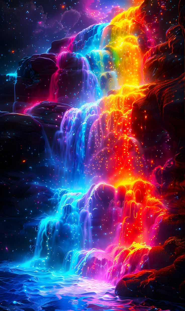 a waterfall with colorful lights in the water next to rocks and stars on the sky