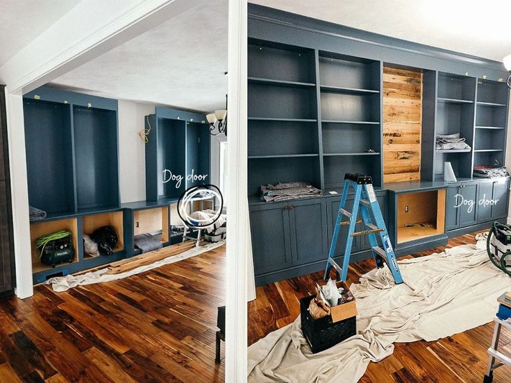 the room is being remodeled with blue cabinets and wood flooring, including a ladder