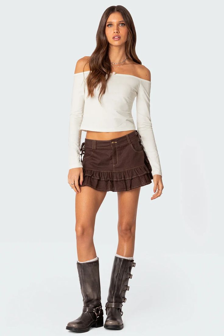 Dev Ruffle Linen Mini Skirt – edikted Brown Mini Skirt, Ruffled Mini Skirt, Ruffle Linen, Off The Shoulder Long Sleeve, Miniskirt Outfits, Doja Cat, Long Sleeve Mini, Off Shoulder Tops, Basic Tops