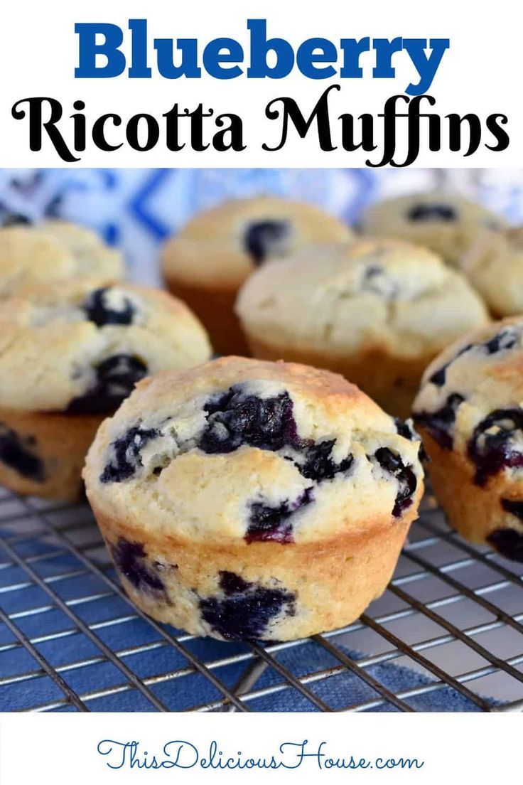 blueberry ricotta muffins on a cooling rack with the title above it