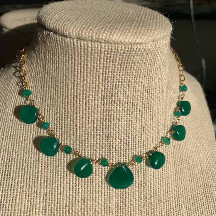 Beautiful Necklace Made Of Genuine Green Onyx Gemstone Natural Gemstone Tear Drops Beads Using 14k Gold Filled Chain Necklace Length Is 16” Inches Elegant Green Onyx Beaded Necklaces With Natural Stones, Elegant Beaded Necklace With Green Onyx And Natural Stones, Elegant Green Onyx Bead Necklaces, Elegant Gold Beaded Necklaces With Green Onyx, Elegant Adjustable Emerald Necklace With Natural Stones, Elegant Gold Beaded Necklace With Green Onyx, Adjustable Elegant Emerald Necklace With Round Beads, Elegant Adjustable Emerald Necklace With Round Beads, Single Strand Onyx Jewelry Gift