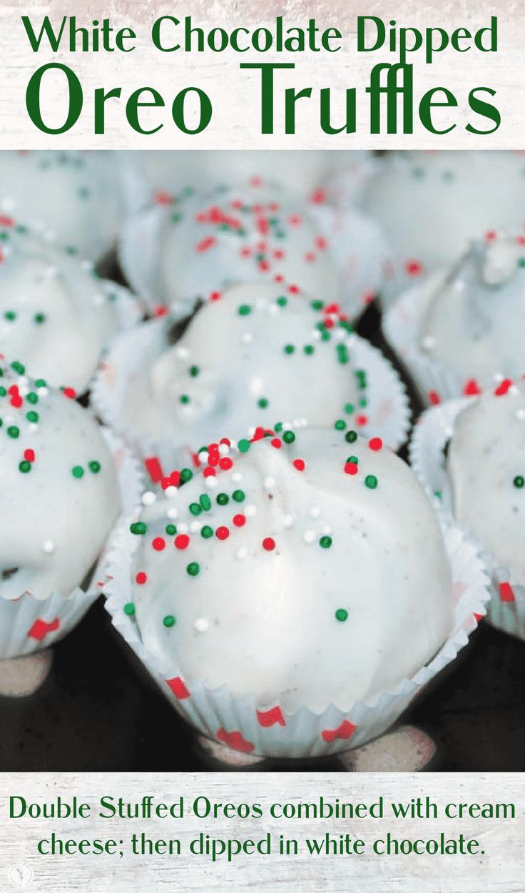 white chocolate dipped oreo truffles with green and red sprinkles