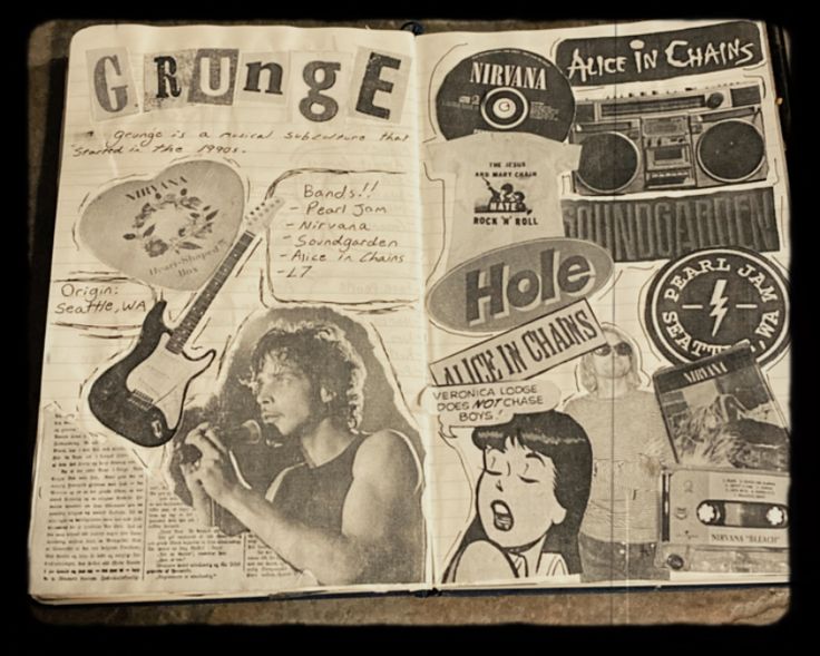 an open book with various images and words on it's pages, including the word grunge written in cursive writing